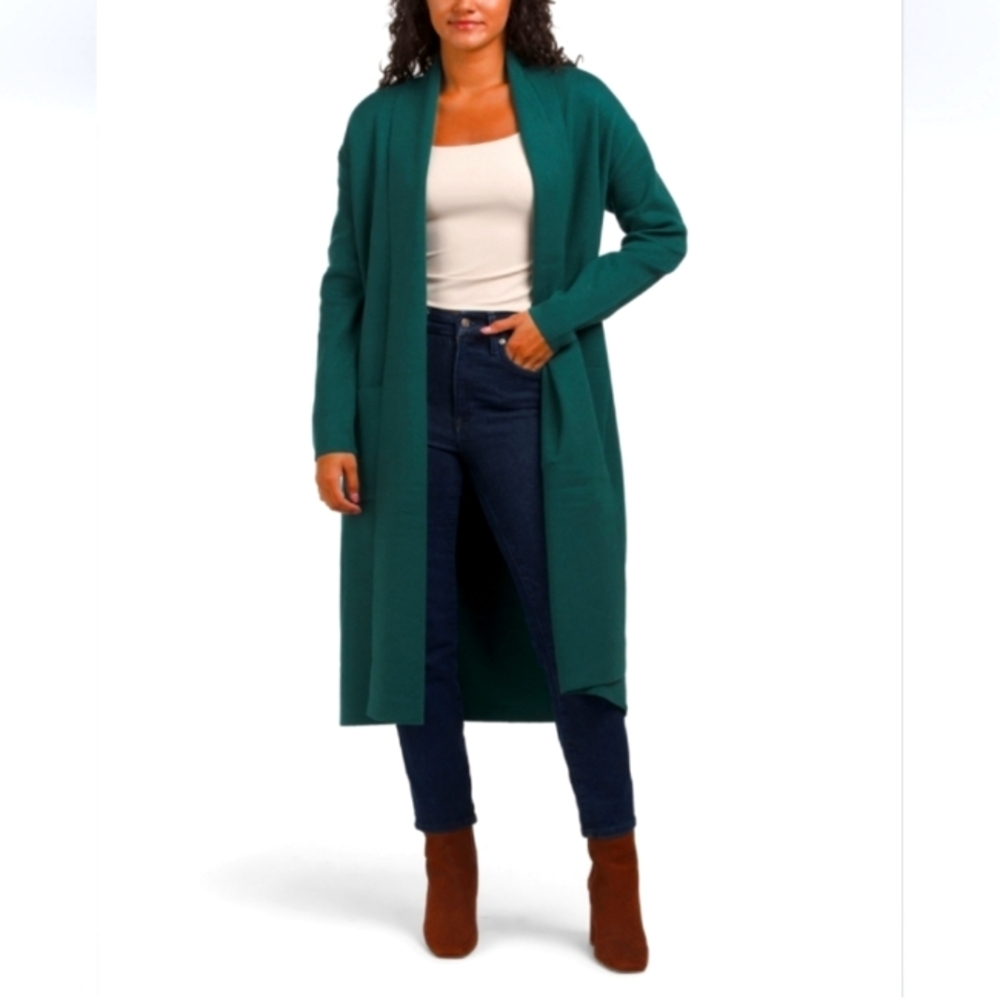 Max Sport Double Knit Shawl Collar Cardigan Duster in Dark Teal Sz L NWT